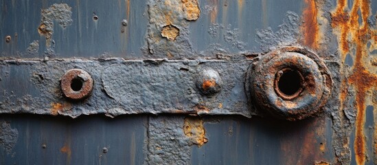 Poster - Rusty metal surface with bolts and corrosion on weathered steel backdrop suitable for industrial themes and textures with Copy Space.