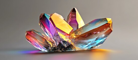 Aufkleber - Colorful quartz crystal cluster with facets reflecting light on gray background Copy Space