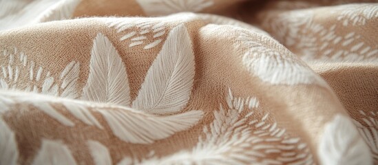 Aufkleber - Close-up of textured fabric with beige background and white leaf embroidery showcasing intricate details and patterns. Copy Space