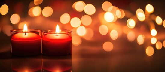 Poster - Red candles with lit flames in foreground against blurred warm bokeh lights background Copy Space