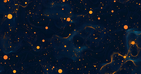 Poster - A dark blue background with orange and yellow low-poly dots connected by thin lines in the shape of waves