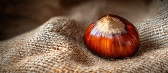 Poster - Single chestnut resting on textured burlap fabric with warm lighting and soft focus, natural food background with Copy Space