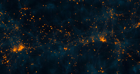 Poster - A dark blue background with orange and yellow low-poly dots connected by thin lines in the shape of waves