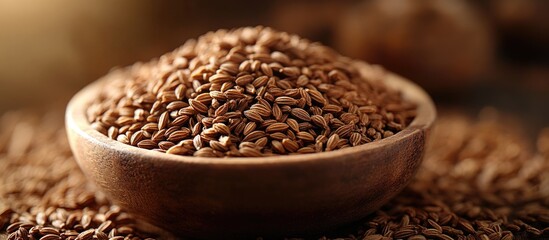 Aufkleber - Brown cumin seeds in a wooden bowl with scattered seeds on a textured surface and soft natural lighting Copy Space