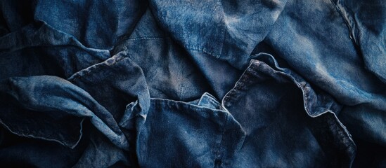 Sticker - Close-up of crumpled blue denim fabric texture with varying shades and folds. Copy Space