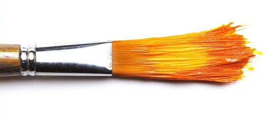 Poster - Detail shot of a paintbrush with bright orange bristles on a white background with Copy Space