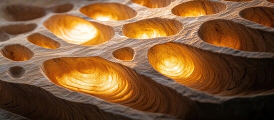 Aufkleber - Close-up of textured wooden surface with carved shapes illuminated from within creating a warm glow and intricate patterns of light. Copy Space