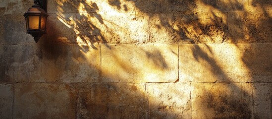 Poster - wall with textured stone surface illuminated by warm sunlight, featuring vintage street lamp casting