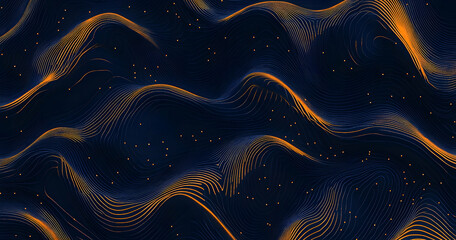 Poster - A dark blue background with orange and yellow low-poly dots connected by thin lines in the shape of waves