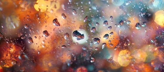 Aufkleber - Water droplets on glass with colorful bokeh lights in the background creating an abstract pattern with Copy Space