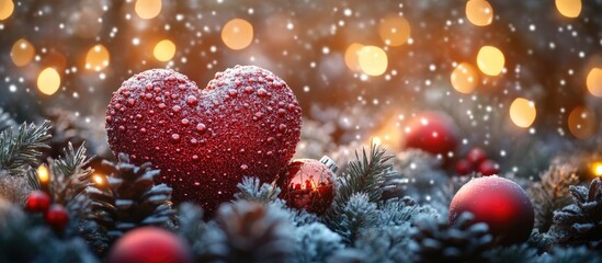 Poster - Red heart ornament covered in droplets surrounded by Christmas decorations on a snowy pine branch background with blurred lights Copy Space