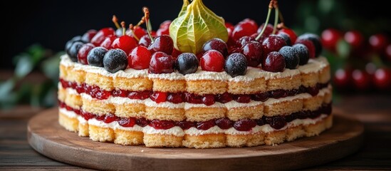Poster - Layered fruit cake with cherries and blueberries on top presented on a wooden platter garnished with green leaves Copy Space