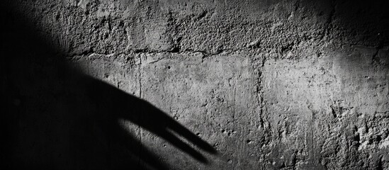 Poster - black and white shadow of a hand cast on a rough textured wall with light and dark contrast and ampl