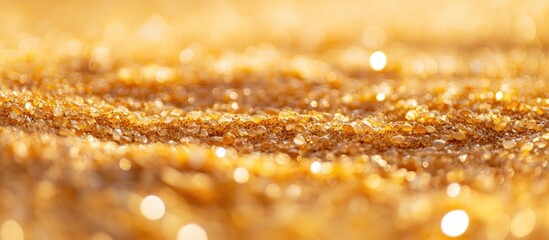 Poster - Golden glittering sand texture with blurred background and abstract bokeh effect suitable for design use or artistic projects Copy Space