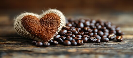 Aufkleber - Coffee beans with a heart-shaped felt decoration on wooden background with copy space for text.
