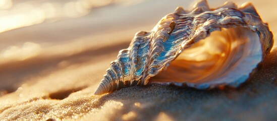 Aufkleber - Close-up of a beautiful seashell on sandy beach at sunset with shallow depth of field and soft warm light Copy Space