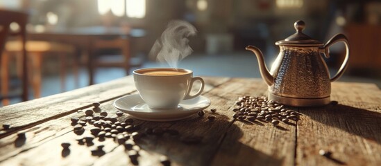 Poster - Coffee cup with steaming beverage on wooden table surrounded by coffee beans and an ornate kettle in bright ambient light Copy Space