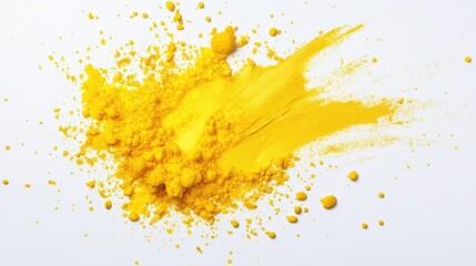 Poster - Bright yellow powder pigment scattered on a white background with various textures and shapes Copy Space