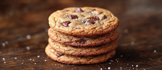 Poster - Chocolate chip cookies stacked on a wooden table with a sprinkle of sea salt in the foreground Copy Space
