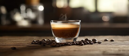 Poster - Close Up of Hot Espresso Coffee in Glass Cup Surrounded by Coffee Beans on Wooden Table with Soft Focus Background Copy Space