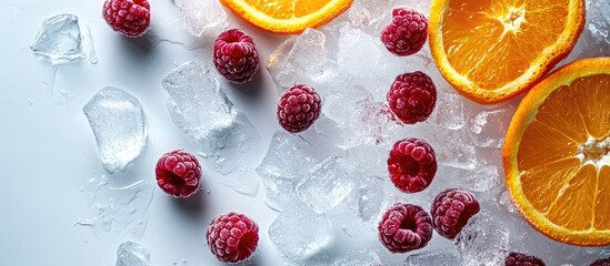 Aufkleber - Fresh raspberries and orange slices on ice cubes with a light background and copy space