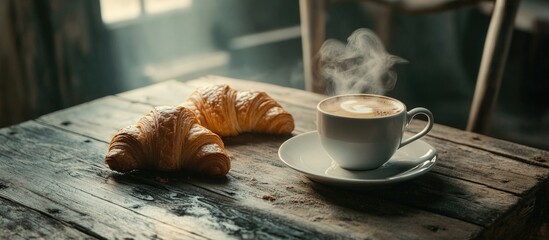 Aufkleber - Freshly brewed coffee in a white cup with croissants on a wooden table with steaming coffee and soft morning light Copy Space