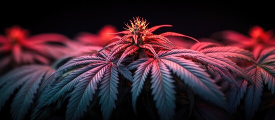 Poster - Macro close-up of cannabis plant with vibrant red and blue hues highlighting leaves and blooming flowers against dark background Copy Space