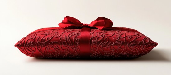 Aufkleber - Red decorative pillow with intricate embroidery and a bow on top, ideal for festive or elegant home decor, Copy Space