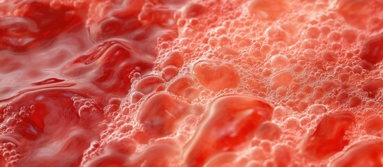 Poster - Close-up of red liquid with bubbles and foam texture abstract background with gradient color and Copy Space for text placement
