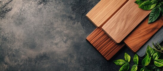 Poster - multiple types of wooden planks and green leaves on dark textured surface with copy space for text