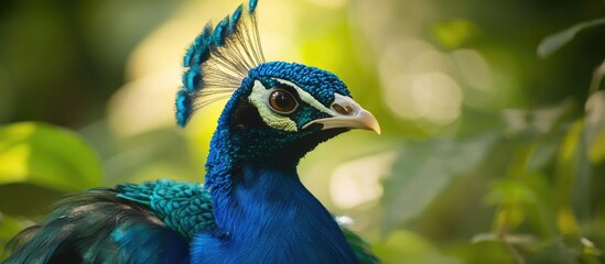 Aufkleber - Close-up portrait of a peacock displaying vibrant blue and green feathers with blurred natural background and copy space for text.