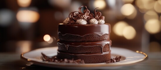 Poster - Chocolate layer cake with decorative cream and chocolate curls on a white plate against a blurred background with warm lights Copy Space