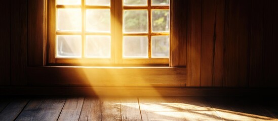 Poster - sunlight streaming through wooden window illuminating interior room with warm tones and wooden floor