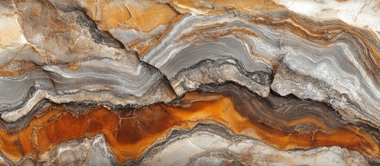 Poster - abstract close-up of layered mineral rock with shades of orange, gray, and white displaying natural 