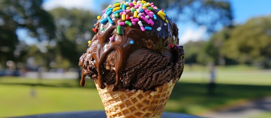 Aufkleber - Chocolate ice cream cone topped with colorful sprinkles and chocolate sauce against a blurred outdoor background with copy space