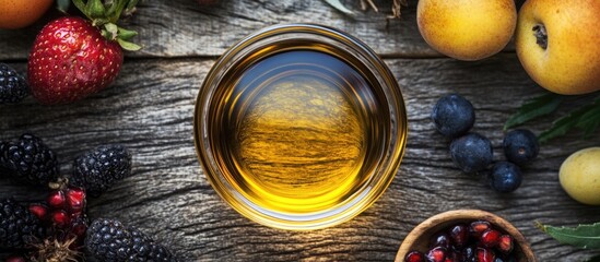 Poster - Glass bowl filled with golden liquid surrounded by assorted fresh fruits on rustic wooden background Copy Space