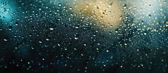 Poster - close-up of raindrops on a windowpane with blurred background lights and dark tones featuring copy s
