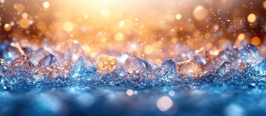 Aufkleber - Ice and water close-up with sparkling bokeh background in warm golden and blue tones with Copy Space for text placement