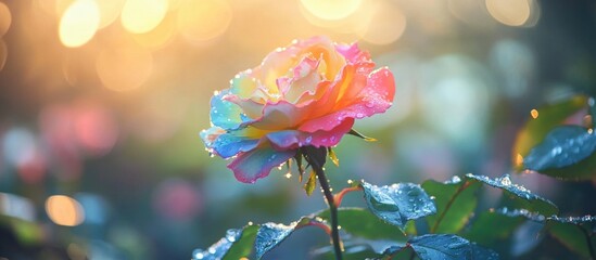 Poster - colorful rose flower with water droplets in soft morning light natural background suitable for flora