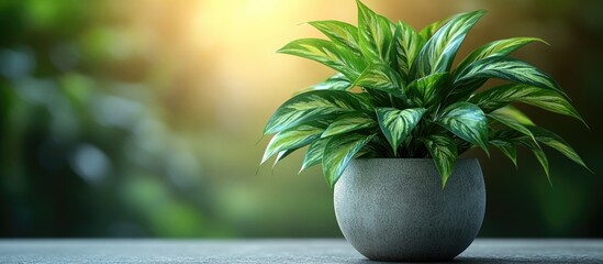 Aufkleber - Potted green leafy plant in a stylish concrete pot placed on a table with blurred background and warm lighting Copy Space