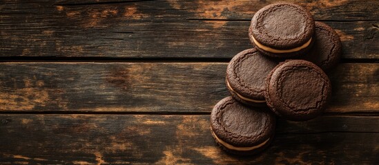 Poster - Chocolate sandwich cookies stacked on rustic wooden surface with copy space for text
