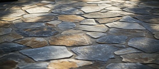 Poster - Textured stone pavement with irregularly shaped slate tiles in natural colors suitable for outdoor spaces and landscaping Copy Space
