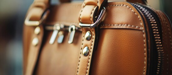 Poster - Close-up of a stylish brown leather handbag highlighting details of zipper and studs with soft blurred background Copy Space