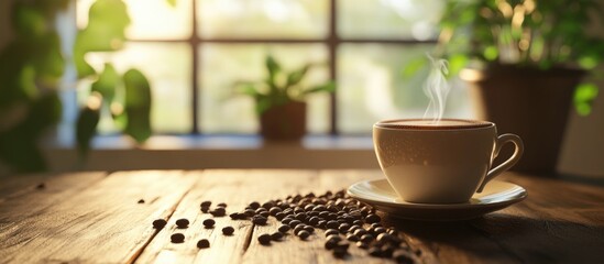 Aufkleber - Cup of steaming coffee on wooden table with scattered coffee beans and green plants in background with natural light from window Copy Space