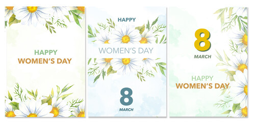 Wall Mural - Womens Day Card. Set of Floral Posters for 8 March with Daisy. Watercolor Flower design with Daisy Womens Day Greeting Cards. Women Day background Templates with Floral Watercolor