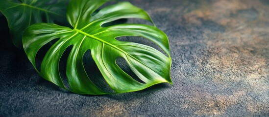 Poster - Close-up of Monstera leaves on textured background with copy space for text placement