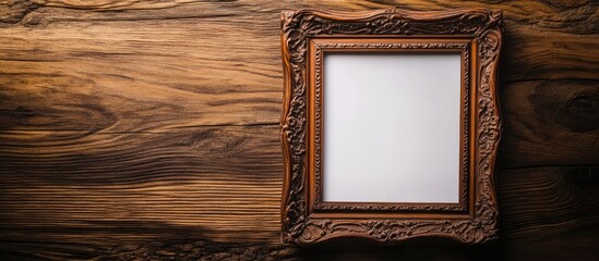 Aufkleber - Vintage ornate wooden photo frame on a rustic wooden background with blank space for customization Copy Space