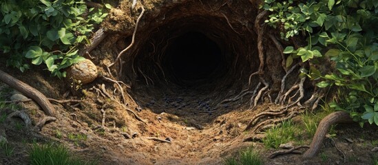 Poster - Tunnel entrance surrounded by roots and green foliage in a forest environment with dark interior and earth textures, Copy Space