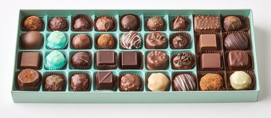 Poster - Assorted artisan chocolates in a teal box with various shapes and flavors arranged neatly on a white background. Copy Space.