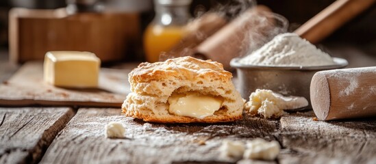 Poster - Freshly baked biscuit with melting butter on rustic wooden surface with flour and baking tools in background Copy Space